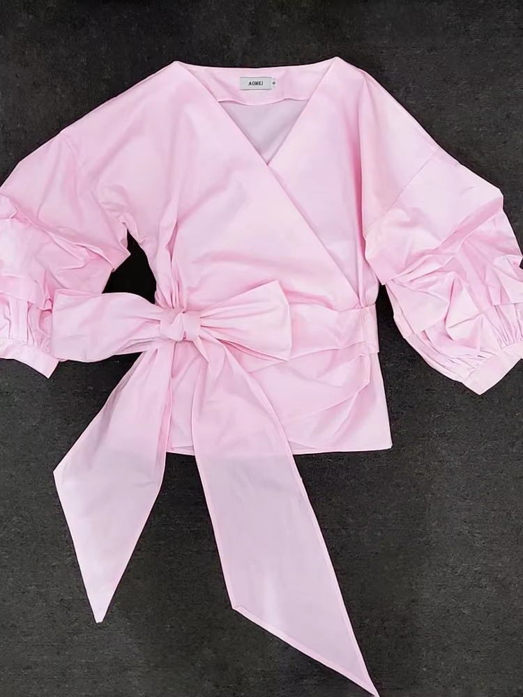 Femmes chemisier jaune Peplum hauts avec ceinture de taille noeud papillon manches bouffantes col en V dame chemises d'été vêtements féminins Blusas africain nouveau
