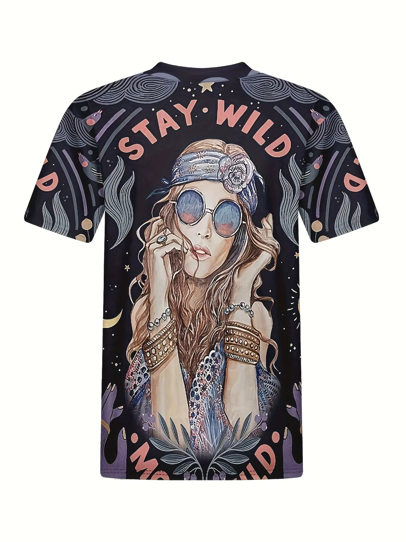 T-shirt noir bohème pour femme - Imprimé graphique fille hippie et étoile