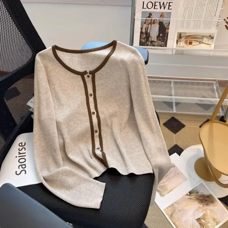 Cardigan en tricot chic style tweed pour femme avec bordure contrastante, manches longues fines, grande taille, élégant et polyvalent, pour le quotidien, S-5XL