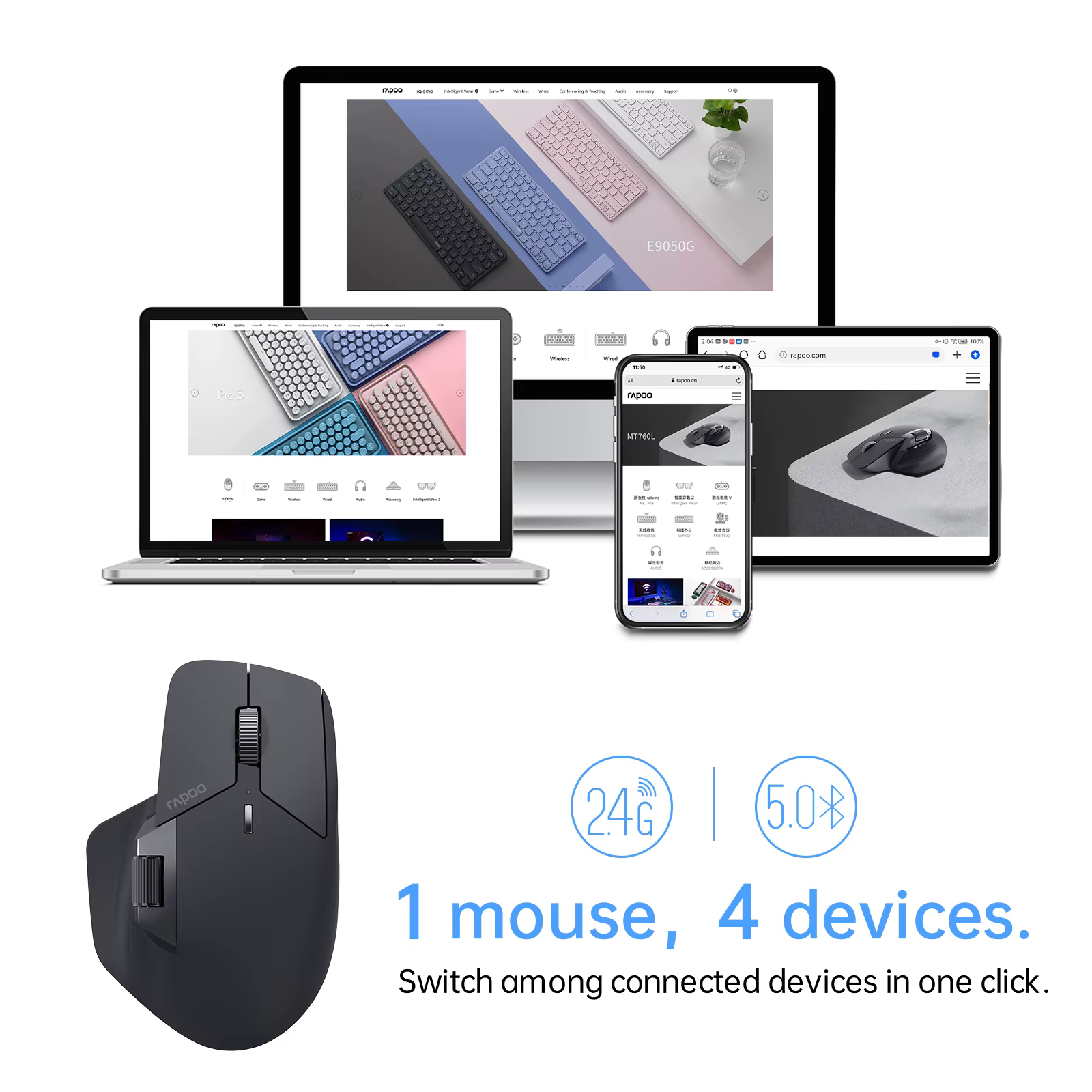 Rapoo-Souris sans fil aste multimode MT760L/MT760M, ergonomique 4000 ug, prend en charge jusqu'à 4 revie, Bluetooth