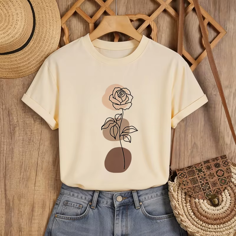 T-shirt à col rond pour femme avec motif floral minimaliste et imprimé de roses beiges et brunes