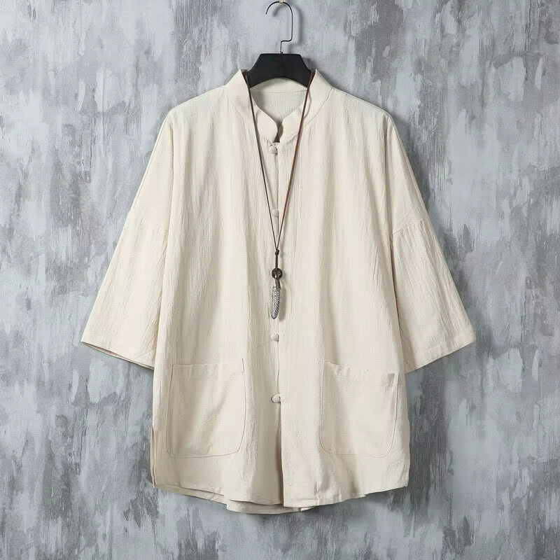 Chemise à col mandarin unie légère pour homme