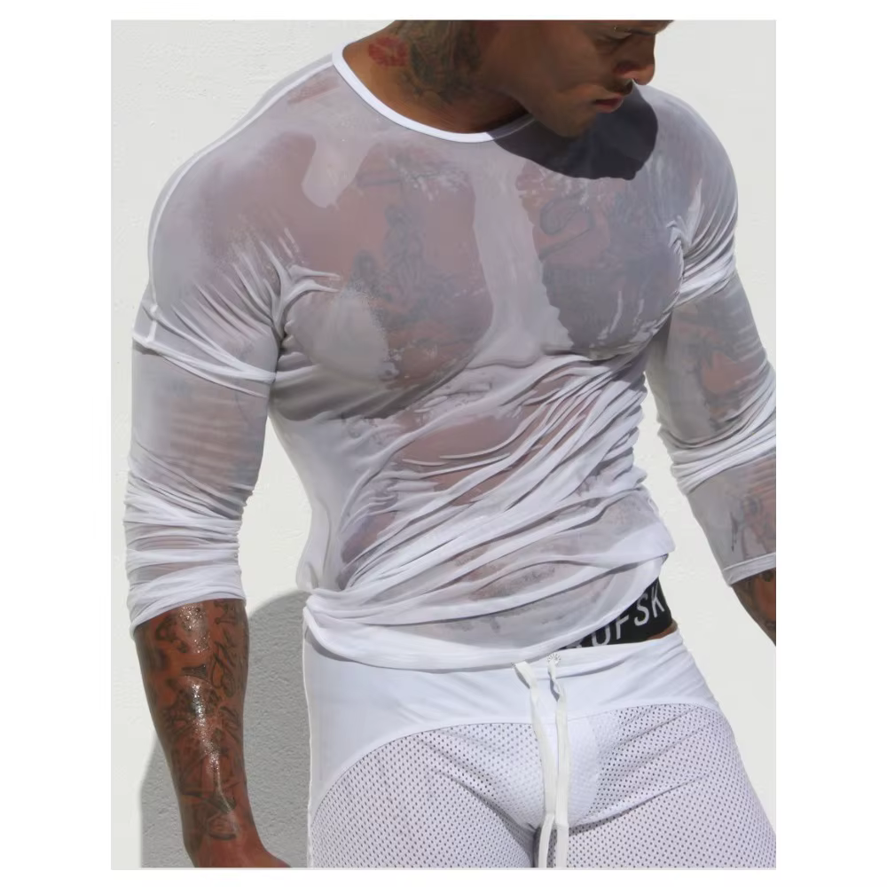 T-shirt à manches longues en filet de pêche en dentelle pour hommes