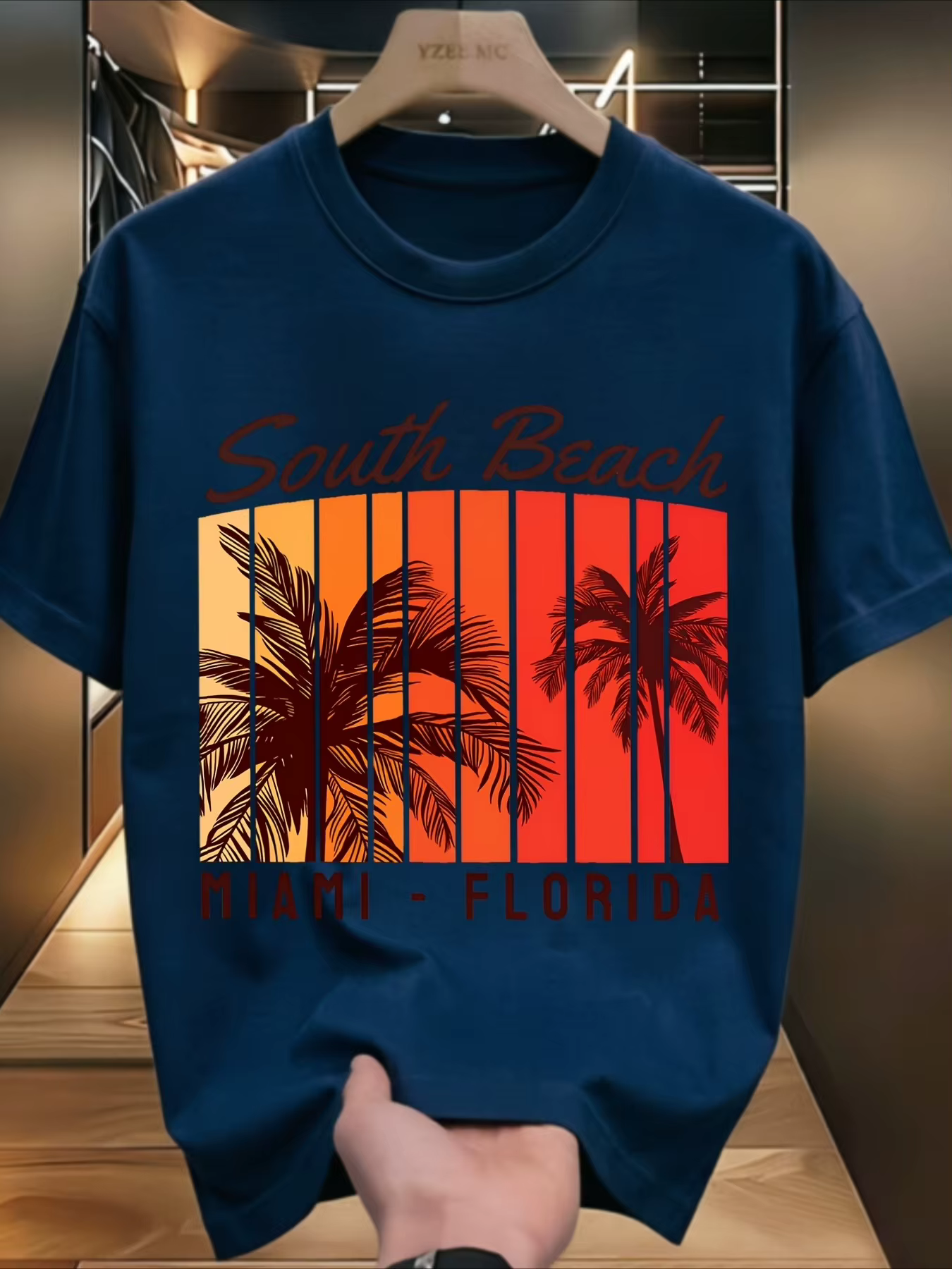 T-shirt Miami South Beach pour hommes et femmes, avec silhouette de palmier, imprimé lettres côtières de la Floride, col rond, en coton, pour les vacances d'été, usage quotidien