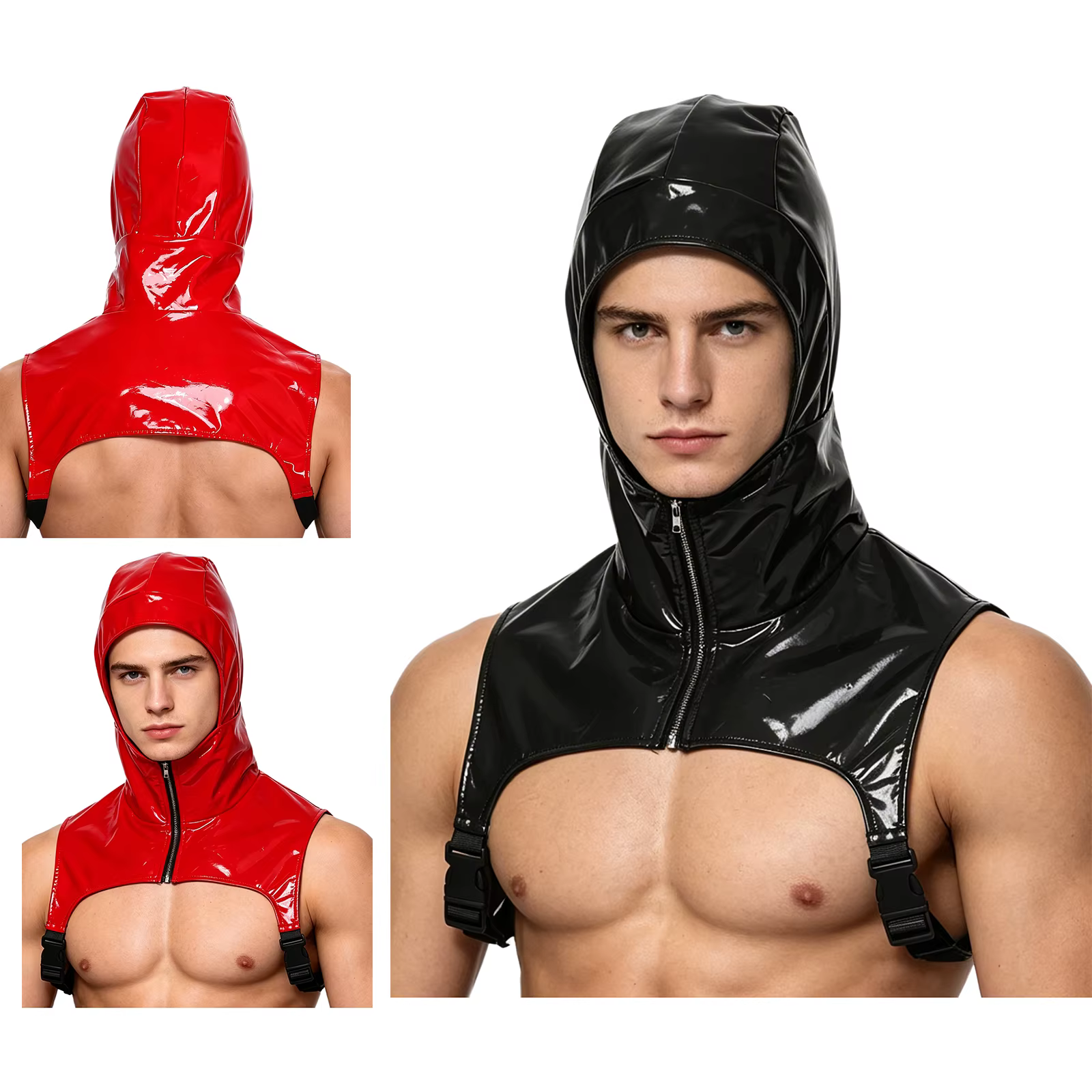 Débardeur court à capuche en similicuir PU pour homme