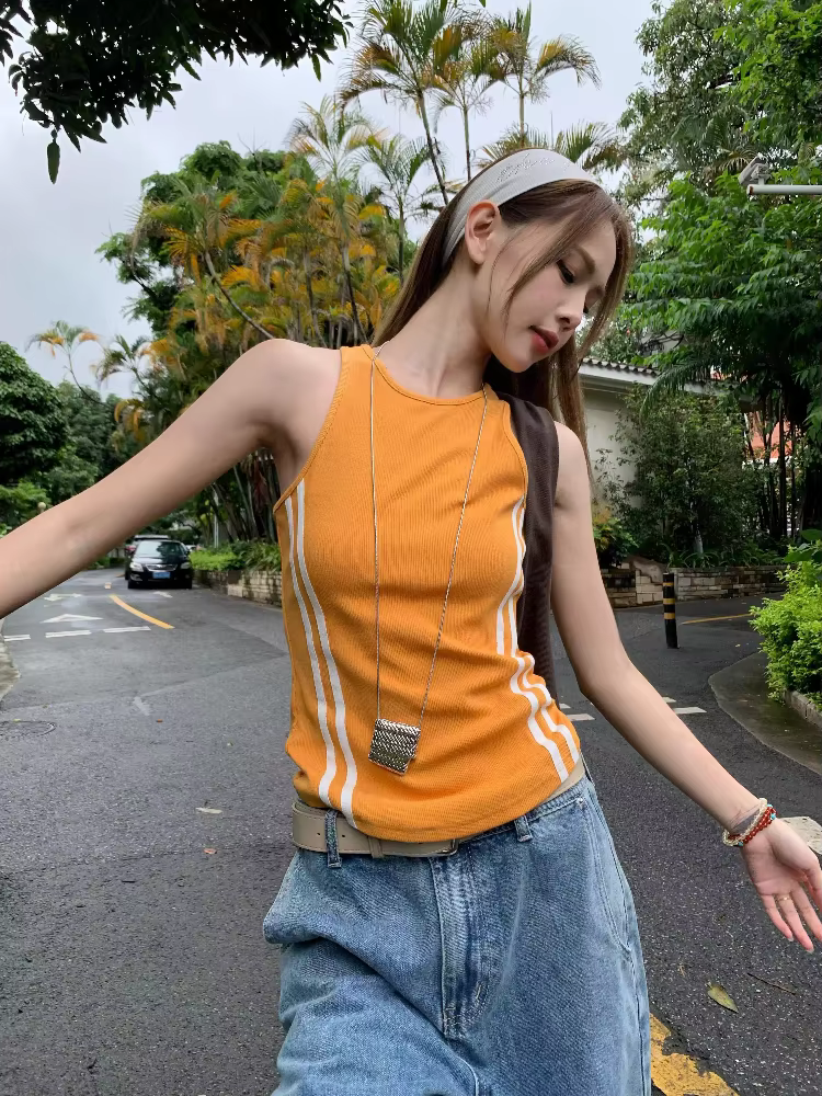 Débardeur côtelé orange vif à rayures contrastées pour femme