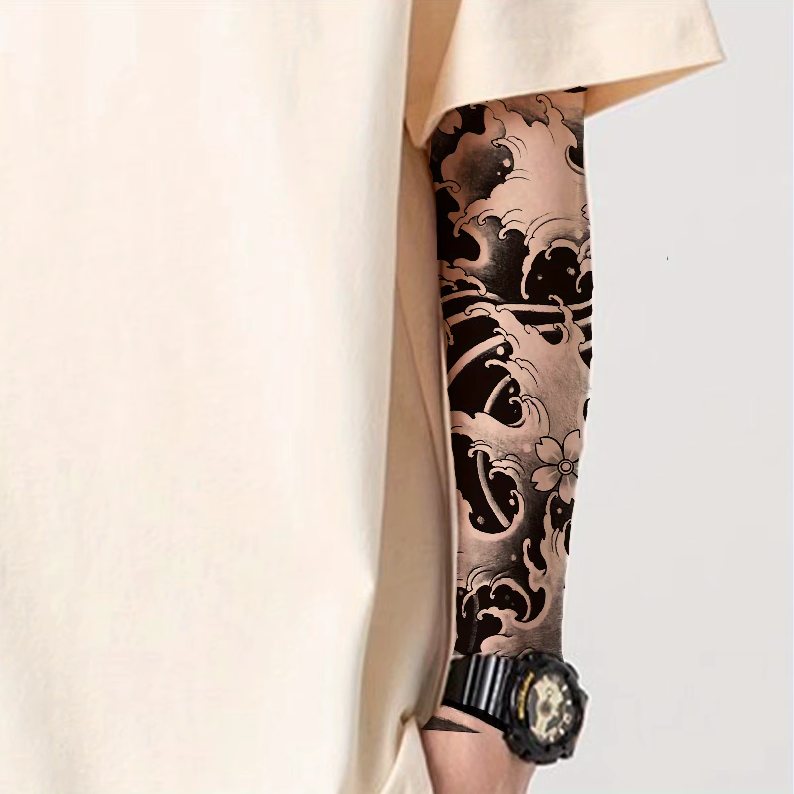 1 autocollant de tatouage temporaire à motif de vague de cerisier, tatouage de fleur pour le bras, imperméable et longue durée