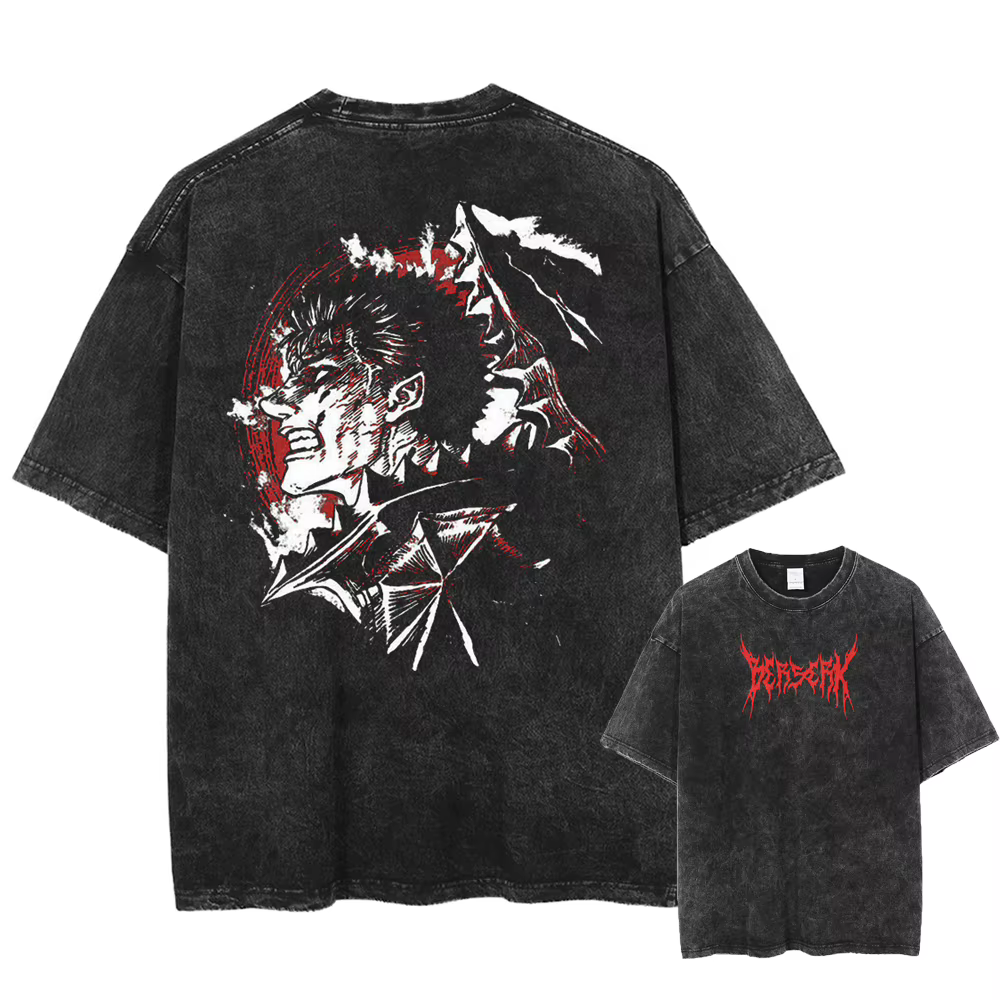 Berserk-T-shirt vintage en coton délavé pour homme et femme