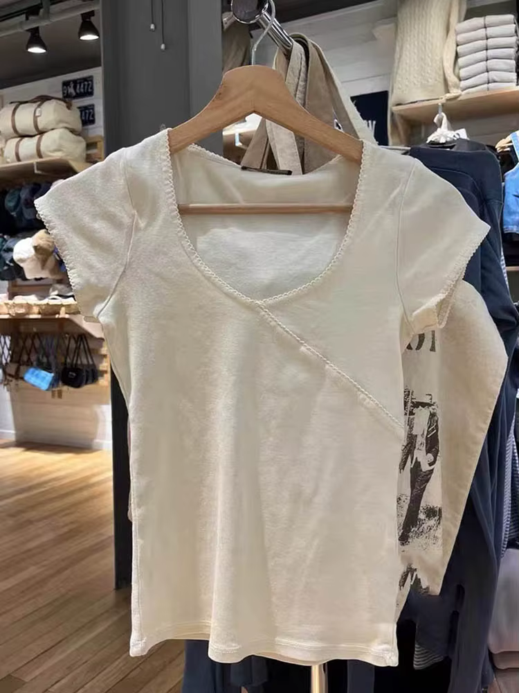 ZOCI T-shirt vintage slim col en V en coton pour femme