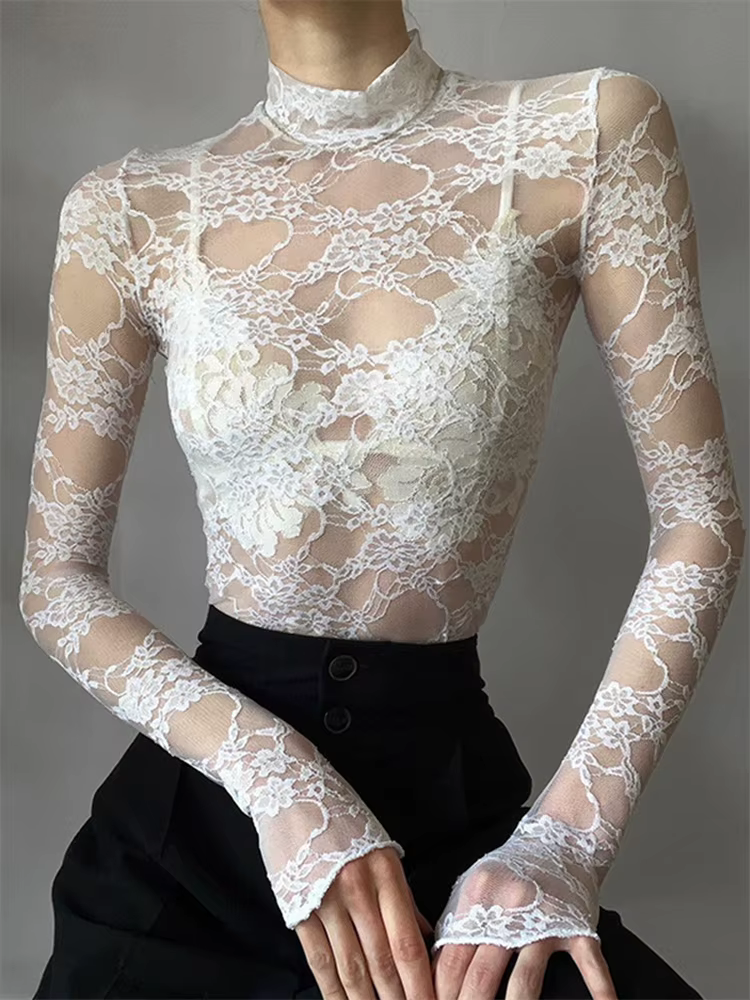 T-shirt à manches longues en dentelle florale pour femmes
