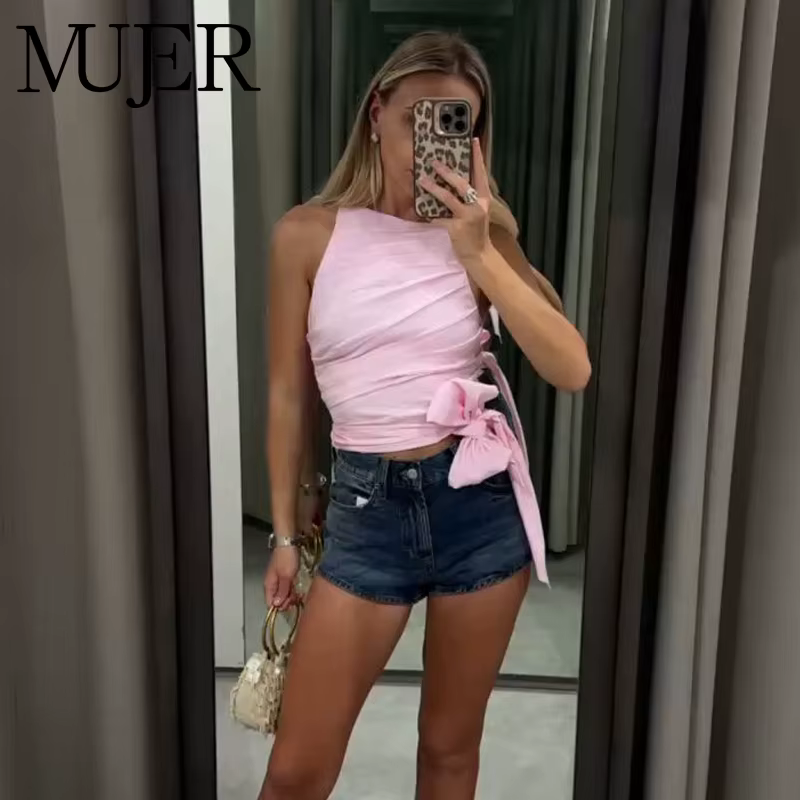 Haut court plissé pour femme avec nœud