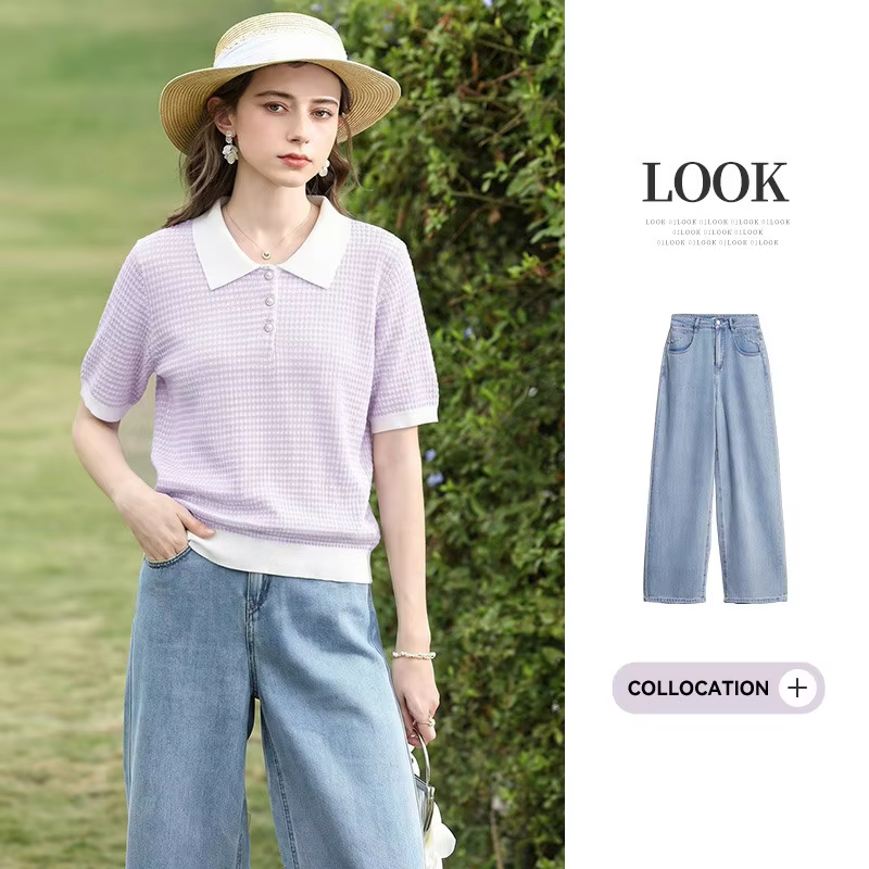 I BELIEVE YOU Polo à manches courtes en tricot à carreaux violets pour femme