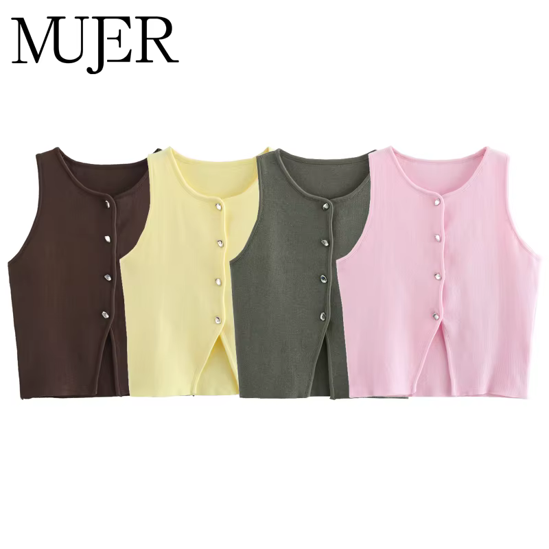 MUJER rose tricot sans manches gilet femmes recadrée pull