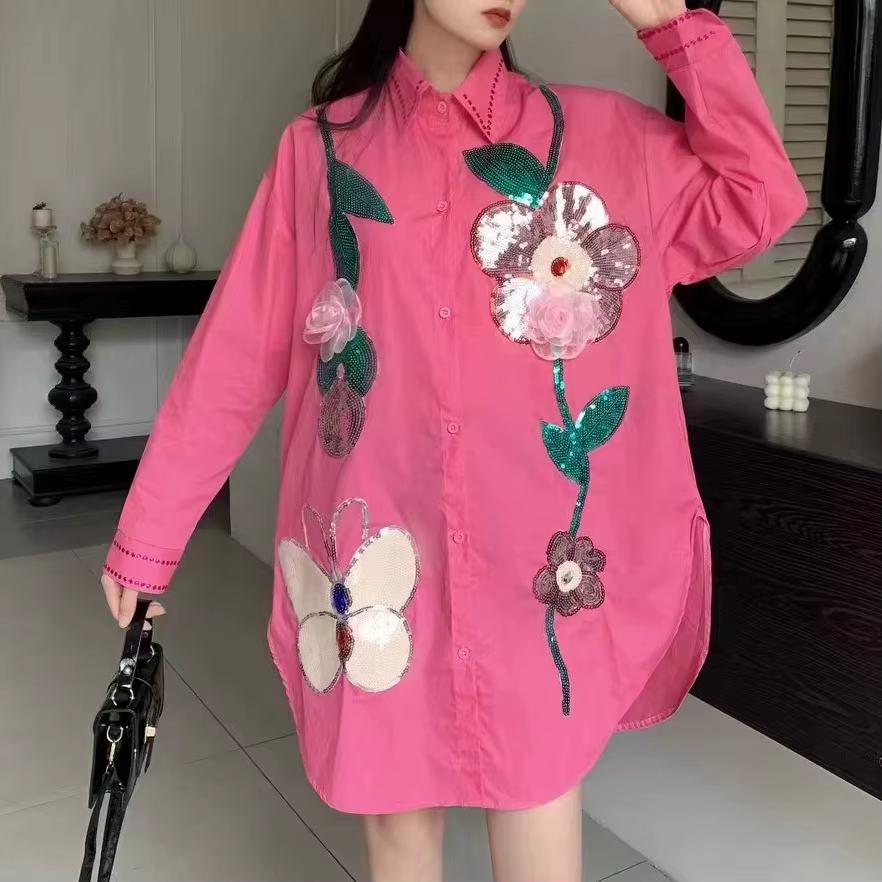 Paillettes fleurs point ample décontracté surdimensionné longues chemises et chemisiers en coton pour les femmes 2025 printemps été hauts filles Y2k Camisas