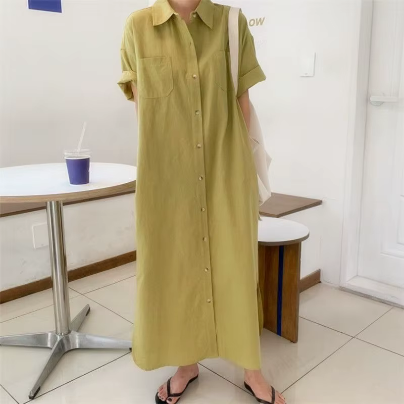 Robe chemise pour femme, idéale pour le quotidien, été, manches longues ou courtes, longueur genou, jupe longue