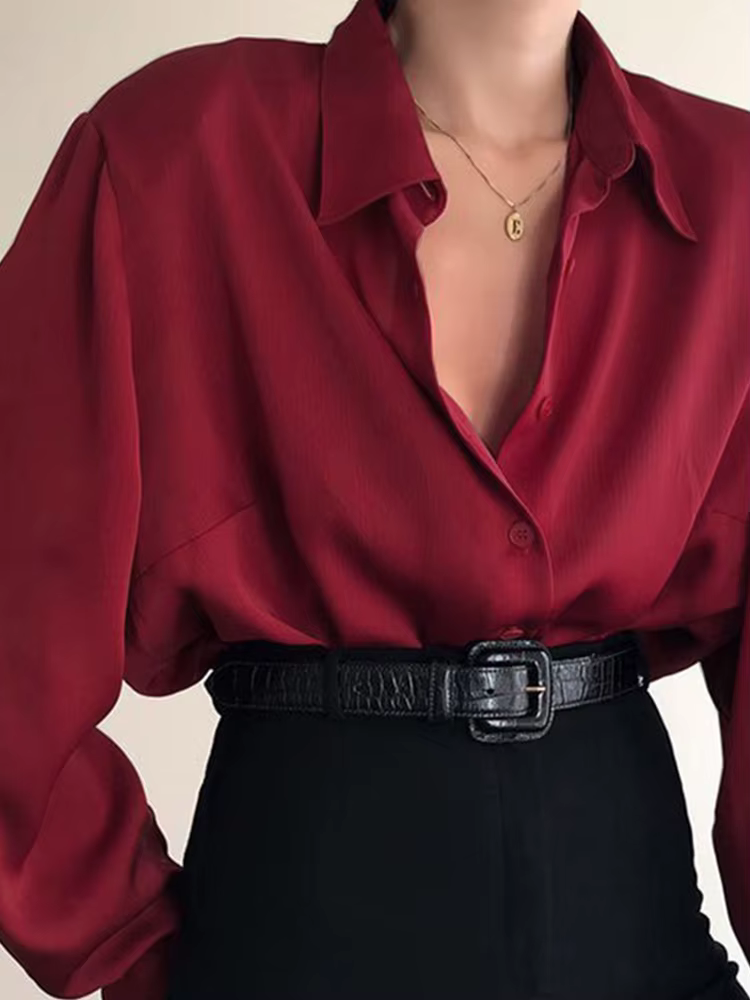 Femmes bouton Blouses col rabattu chemises bureau dame à manches longues Blouse décontractée ample OL chemise Baggy hauts rouge/vin rouge/noir