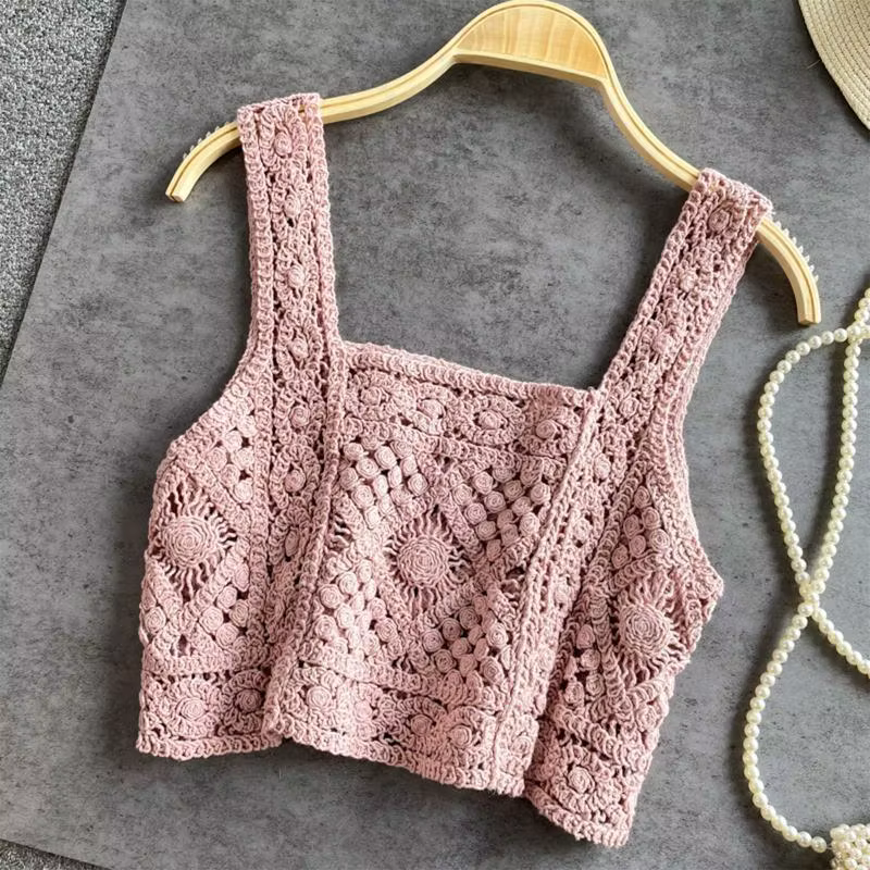 Femmes Crochet Sans Manches Récolte pour Débardeur Rétro Tricot Plaid Col Carré Pull 6XDA