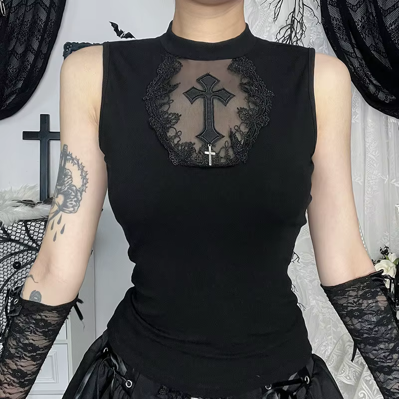 Goth foncé été réservoirs haut solide basique Techwear hauts femmes centre commercial gothique maille Patchwork croix gilet sans manches T-shirt Alt vêtements