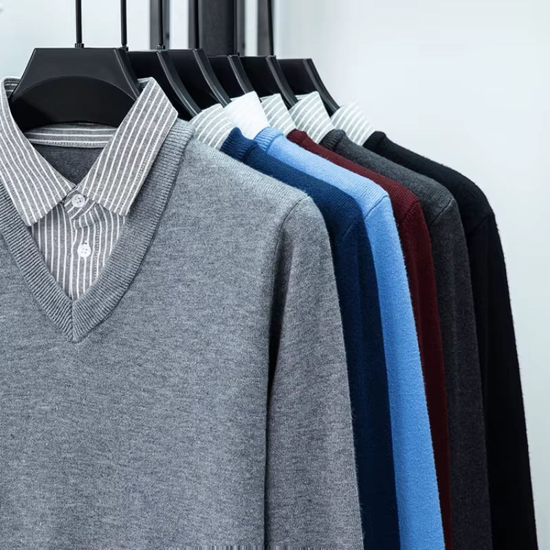  Pull en tricot à col de chemise pour hommes - Bleu clair (6 couleurs) Faux design à deux couches Style décontracté