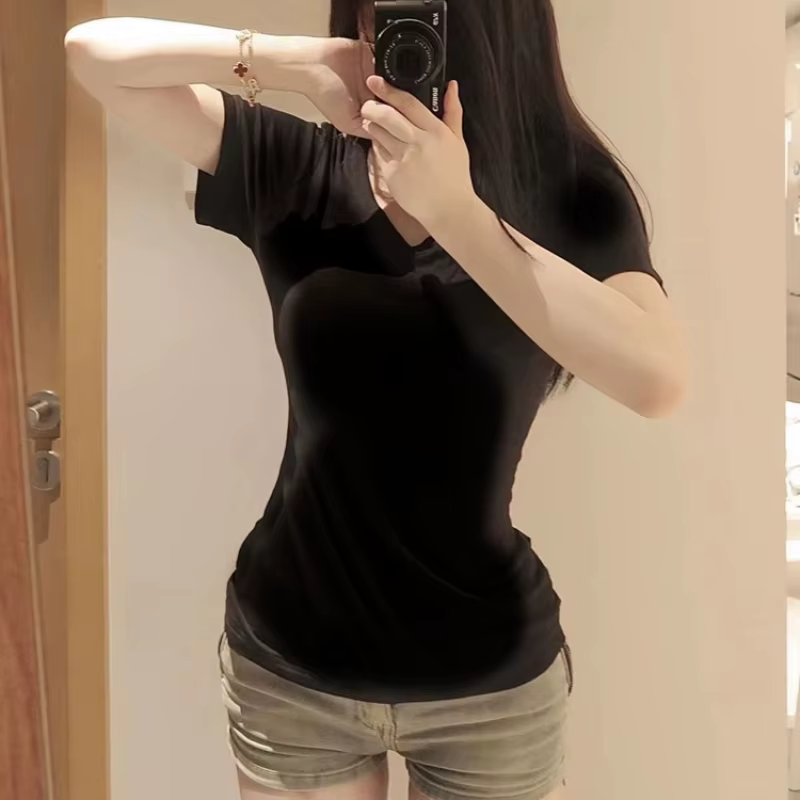 T-Shirts femmes été filles chaudes ventre court mince Style américain épicé taille haute hauts solide Simple loisirs tout-match col en v