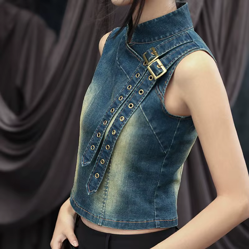Haut en Denim pour femmes, nouveau T-shirt rétro d'été 2025, col montant, T-shirt court polyvalent à la taille