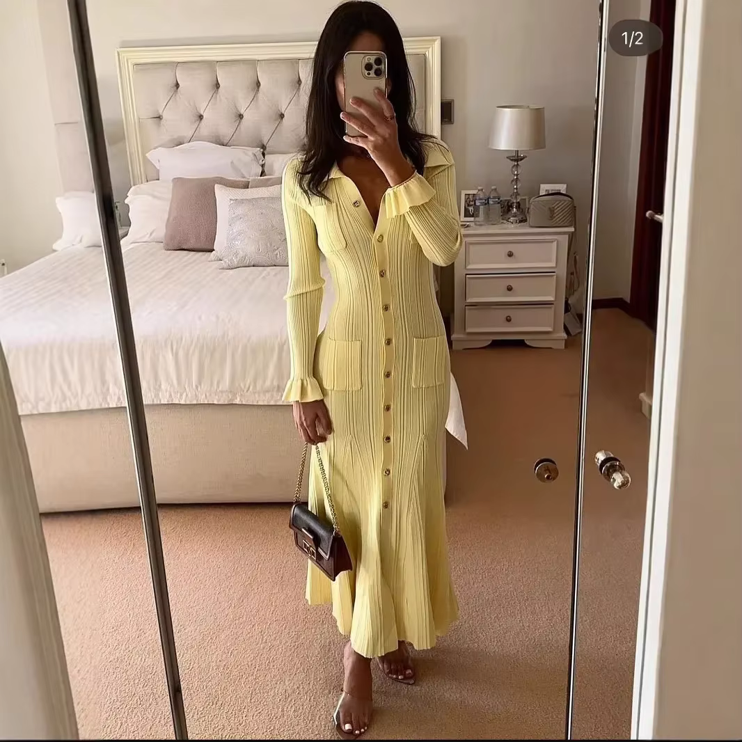 Robe tricotée taille haute, col Polo, manches longues, bouton unique, couleur Pure, nouvelle mode pour femmes, manches longues, longueur cheville Len