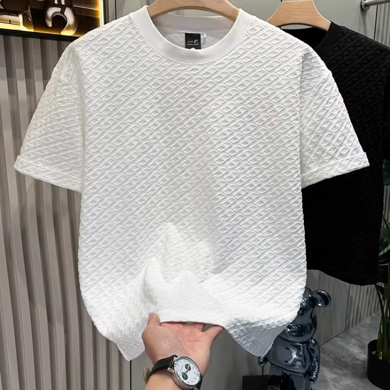 T-shirt d'été pour homme en jacquard texturé à manches courtes, col rond, ample, respirant, basique et décontracté
