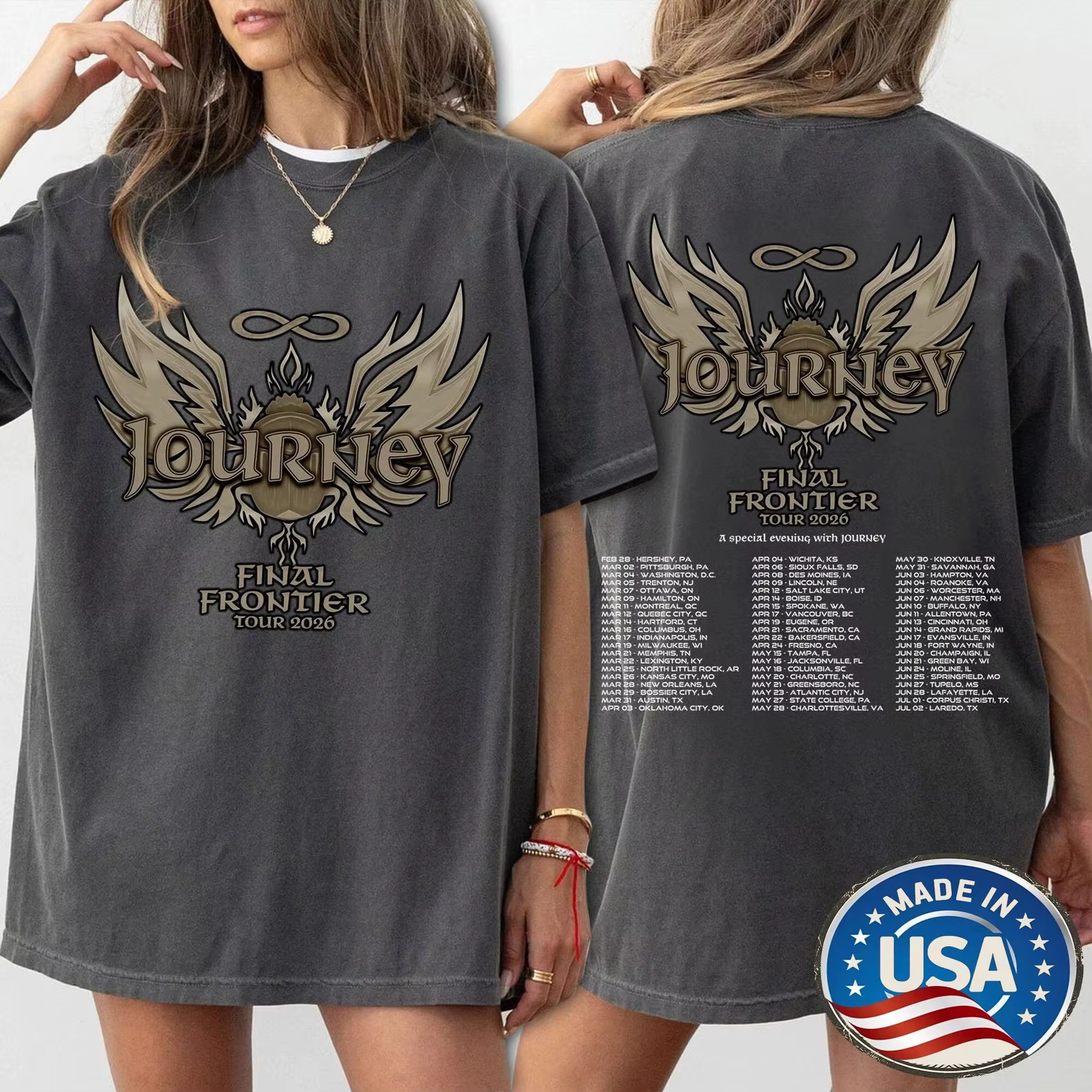 T-shirts de concert de rock rétro de la tournée 2026 « Final Frontier » du groupe Journey pour les fans hommes et femmes