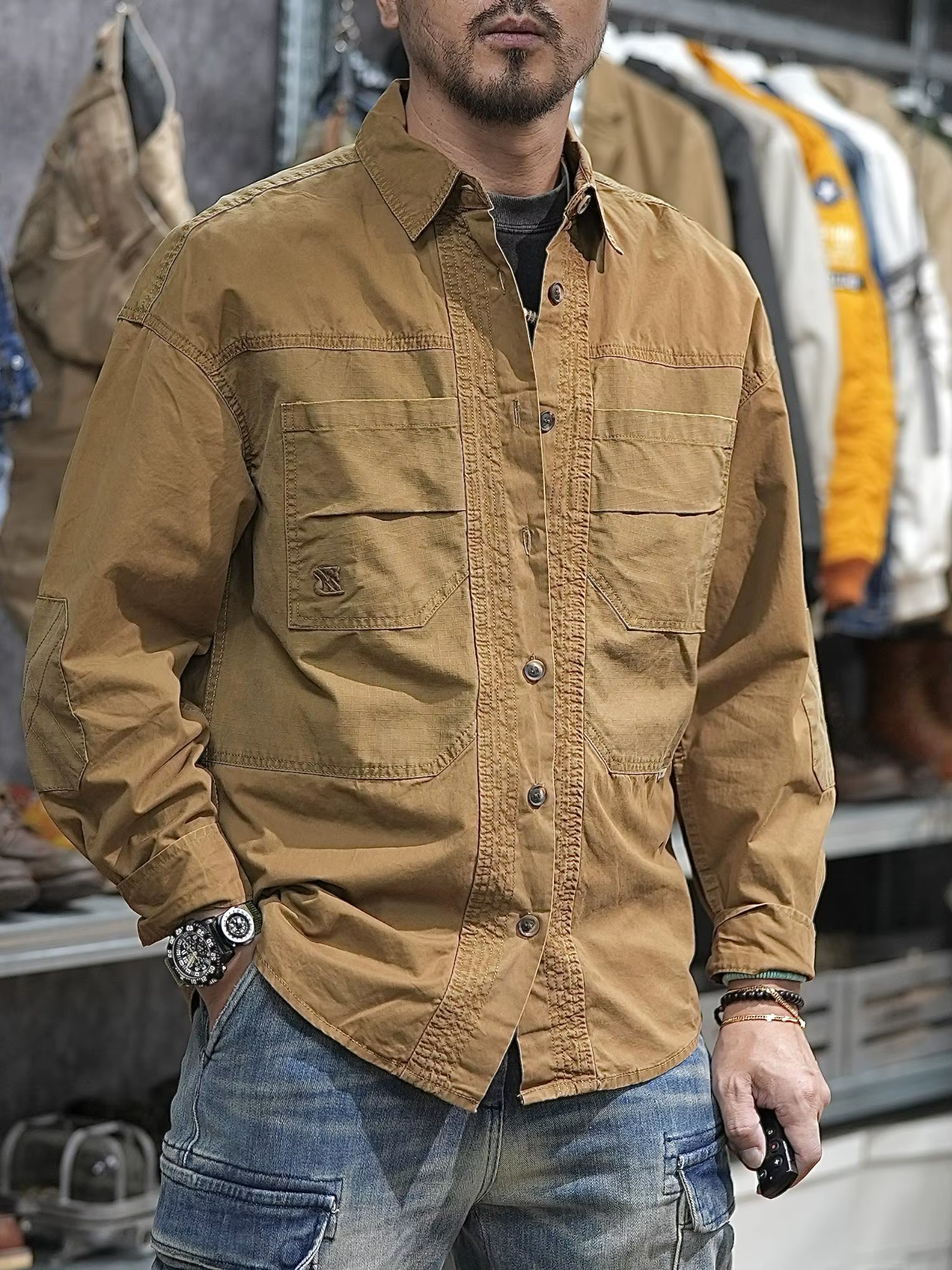 Patchwork utilitaire décontracté vêtements de travail en plein air chemises pour hommes printemps été haute qualité 100% coton épaule tombante Safari Cargo chemise