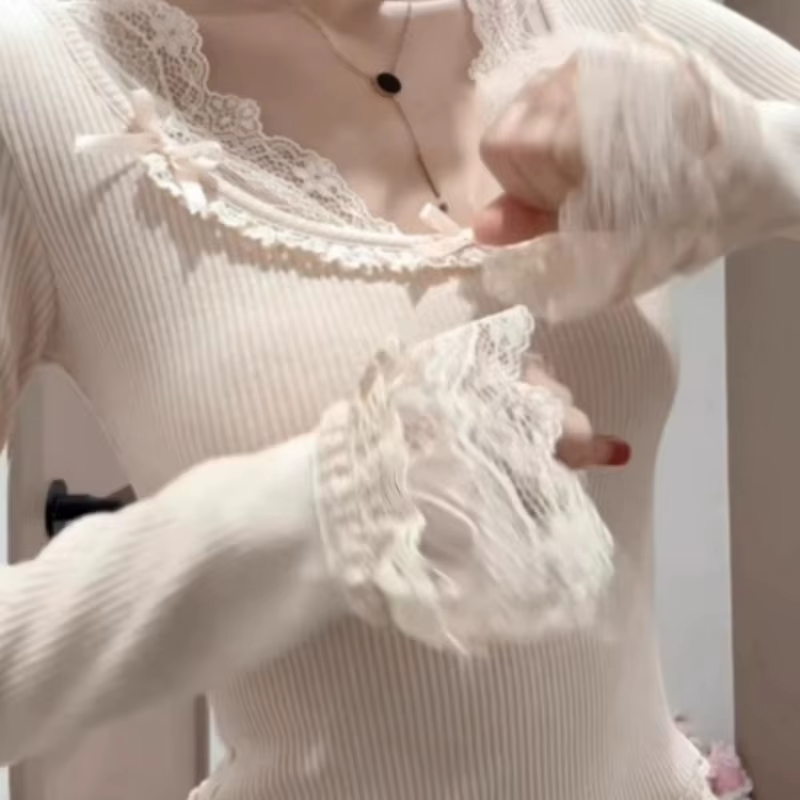 T-shirt à manches longues en dentelle pour femmes