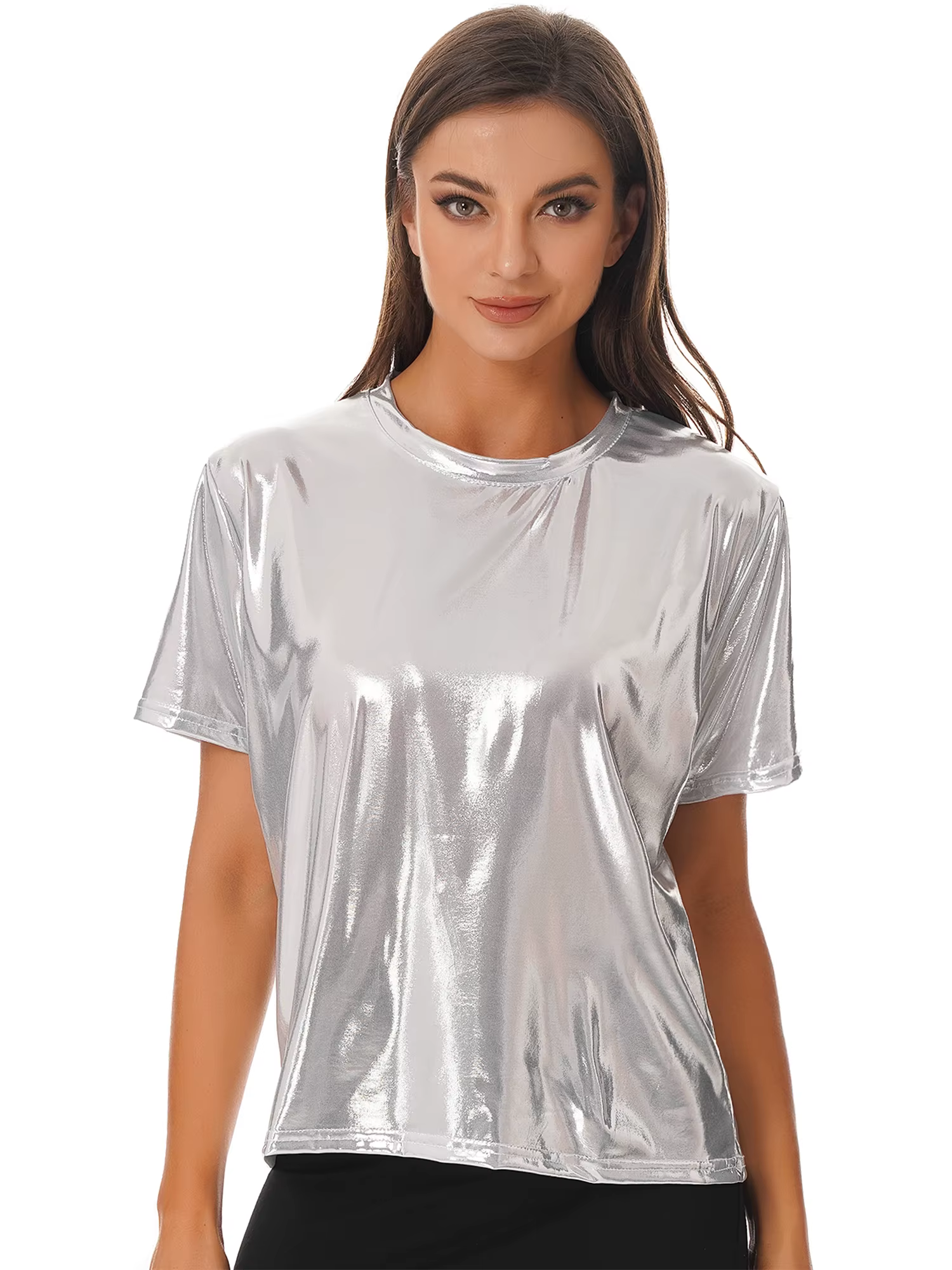 T-shirt métallique brillant à manches courtes pour femmes
