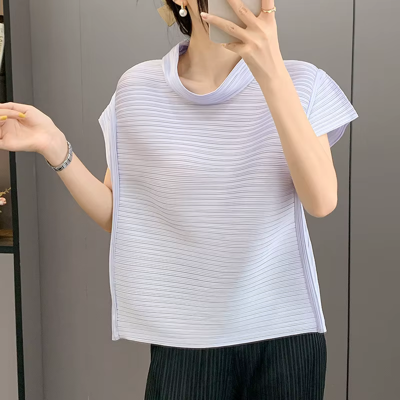 LANMREM 2025 été nouveau T-shirt plissé pour femmes épaules dénudées revers manches courtes élastique col montant ample pull haut 2DB4315