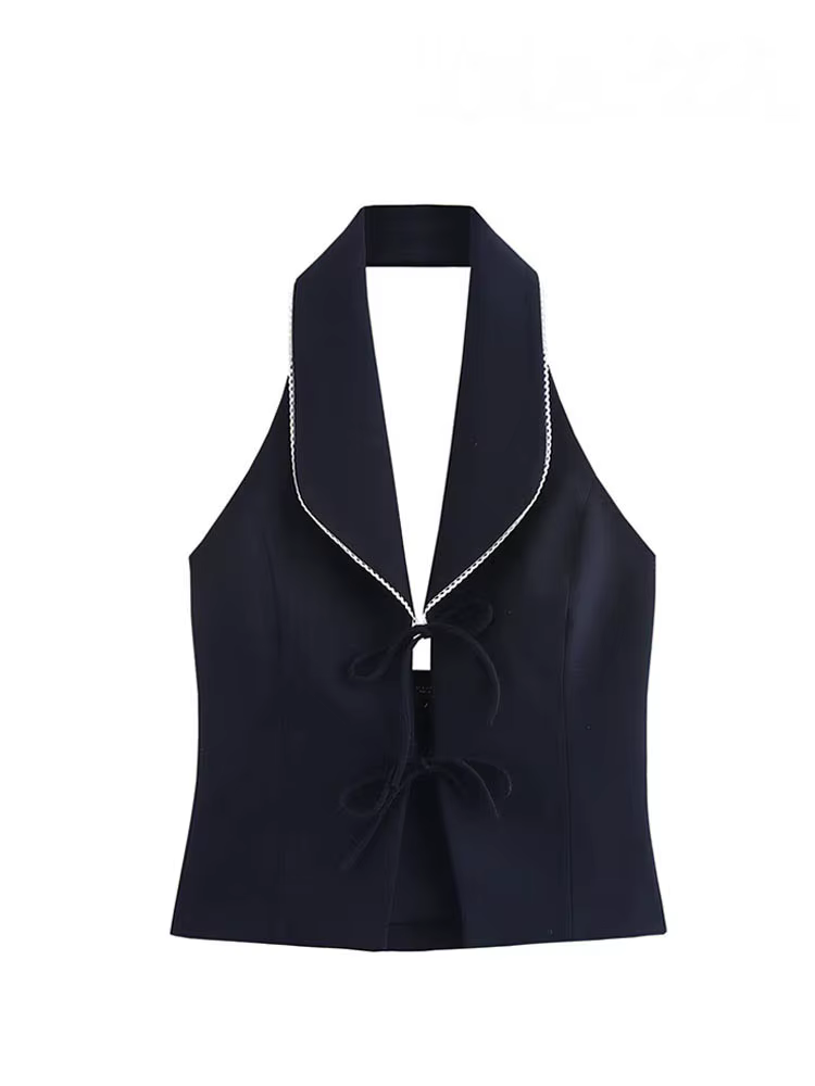 HH femmes mode gilets haut bleu marine col rabattu sans manches dos nu nœud à lacets femme été Style de rue débardeurs