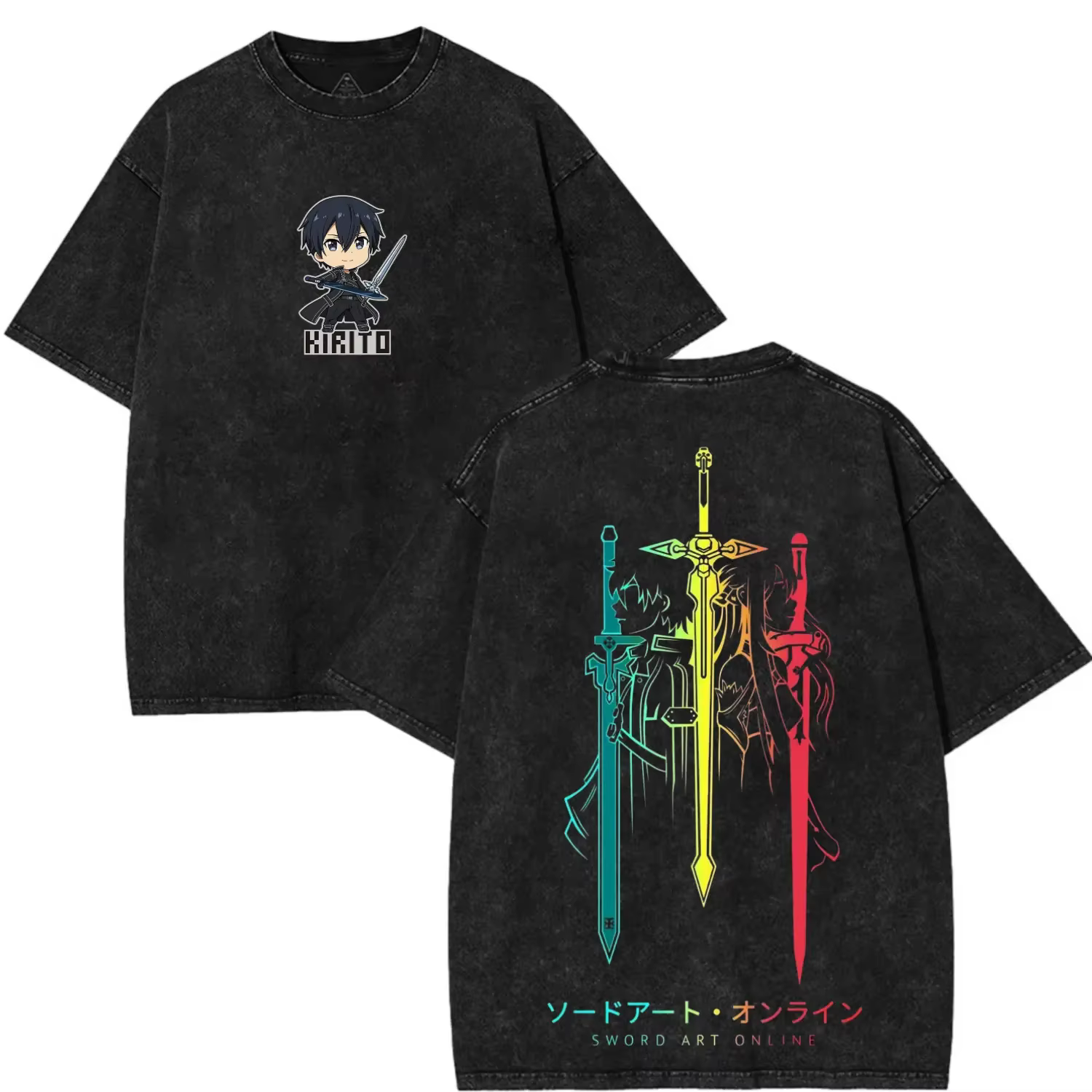 T-shirt Manga Sword Art Online Vintage Délavé Coupe Oversize pour Homme – Vêtement d'été Col Rond Manches Courtes en Coton