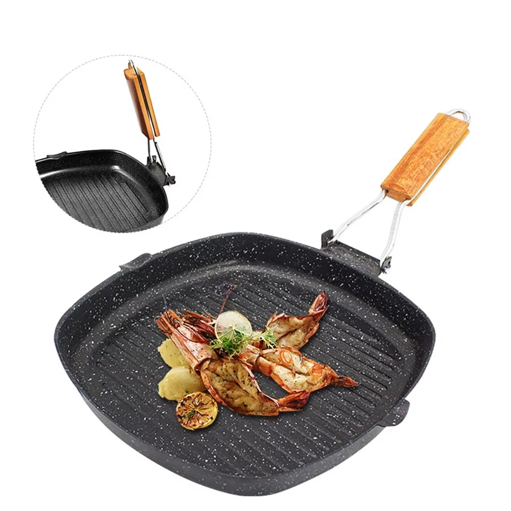 Poêle à Steak pliante pour l'extérieur et la maison, poêle à fond plat rayé, poêle à Induction à gaz antiadhésif spécial pour la friture du Steak