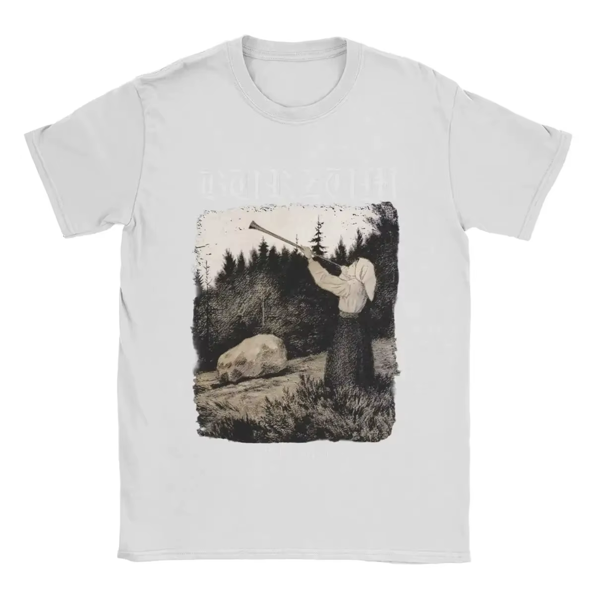 T-shirt Burzum Blow The Trumpet Vintage Washed Black Metal Band Merch unisexe surdimensionné à col rond en coton à manches courtes