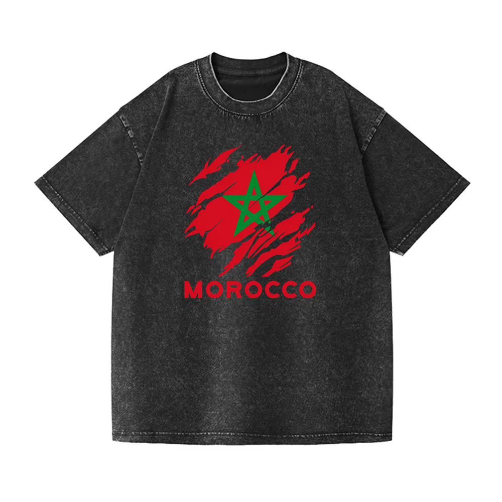 T-shirt Carte du Maroc Drapeau Vintage en Coton Lavé Décontracté pour Hommes et Femmes HJ-012