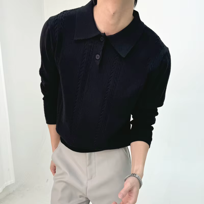 Polo en tricot jacquard pour homme, style rétro, manches longues, col à revers