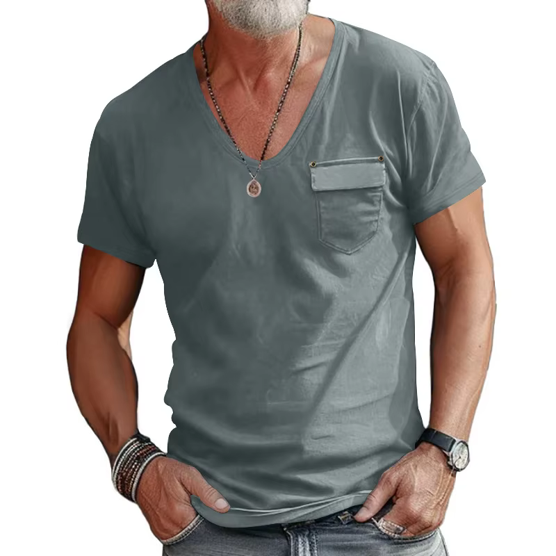 Hommes Col V Poche Économie Casual Homme À Manches Courtes Solide document At Tee Shirt Y-CBFS-CY-25-A
