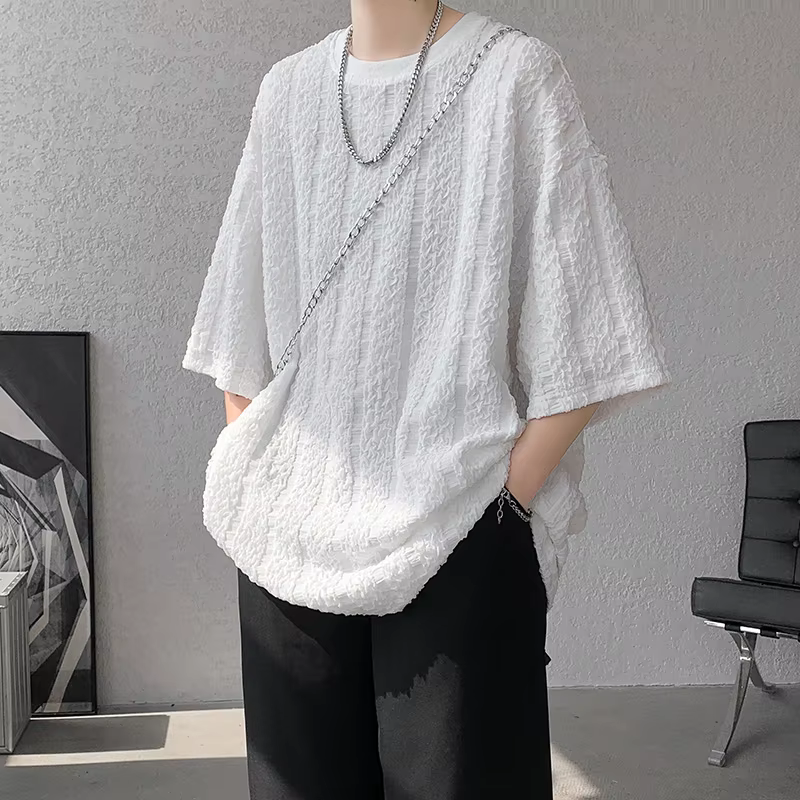 T-Shirt Plissé à Rayures Verticales pour Homme
