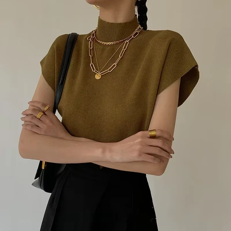 Nouveau pull chemise été solide col montant décontracté tricoté gilet à manches courtes bureau dame ample élégant droit 20397