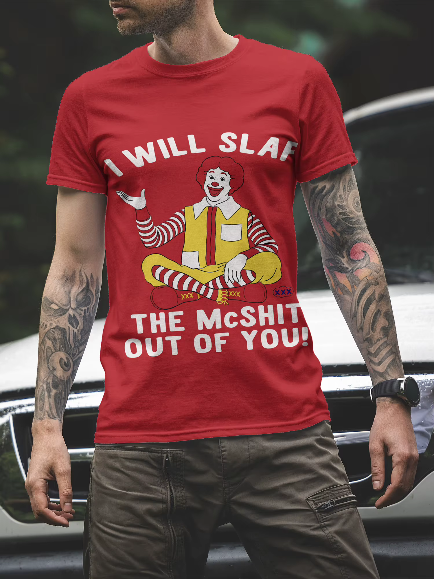 T-shirt pour homme drôle et viral « McShit Slap » – Impression parodie Ronald McDonald