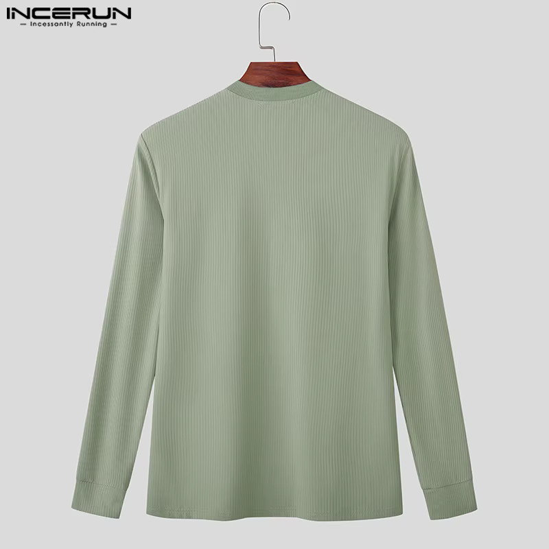 INCERUN hommes t-shirt couleur unie col en V à manches longues tricoté Streetwear mâle