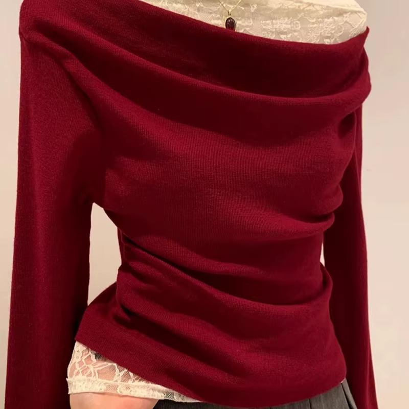 Dentelle rouge un cou épaules dénudées T-Shirts à manches longues femmes