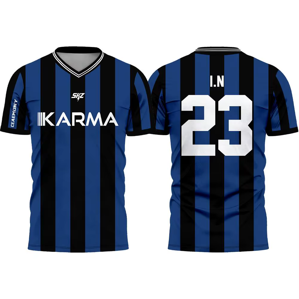 Maillot de football Karma SKZ Hyunjin, t-shirt adapté aux hommes et aux femmes, tissu 3D à séchage rapide, vêtements d'entraînement sportifs d'été en plein air