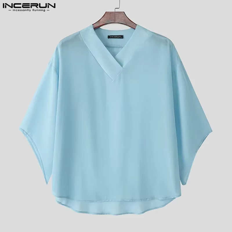 INCERUN hommes t-shirt couleur unie col en V demi manches surdimensionné mâle