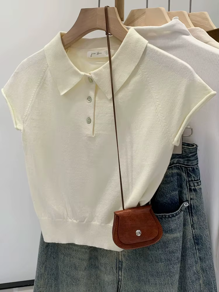 Nouveau T-shirt Femme Col Polo Bleu Marine Été 2026 – Haut Tricoté Chic et Décontracté à Manches Courtes Couleur Unie Tendance