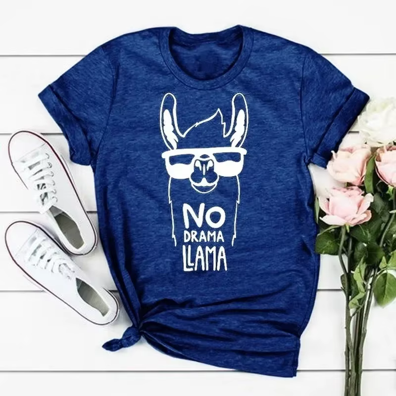 Pas de drame lama alpaga imprimé t-shirt femmes à manches courtes col rond