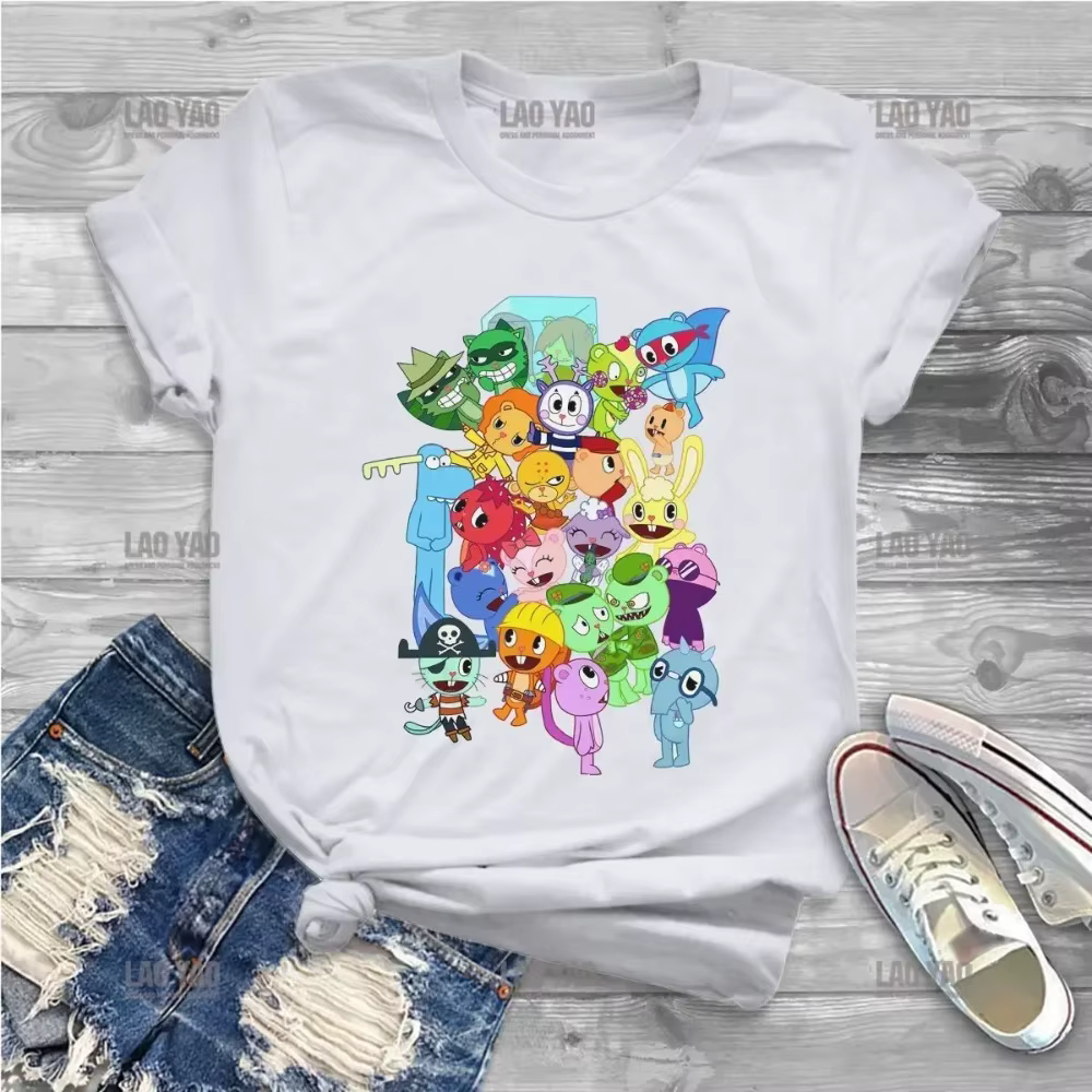 2025 été dessin animé T-shirt mignon tous les personnages joyeux arbre amis câlin dames TStudent