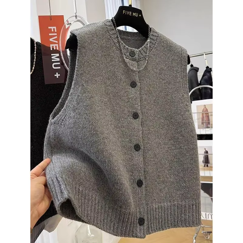 Pull et gilet à col rond pour femmes, haut Slim polyvalent à simple boutonnage de Style rétro